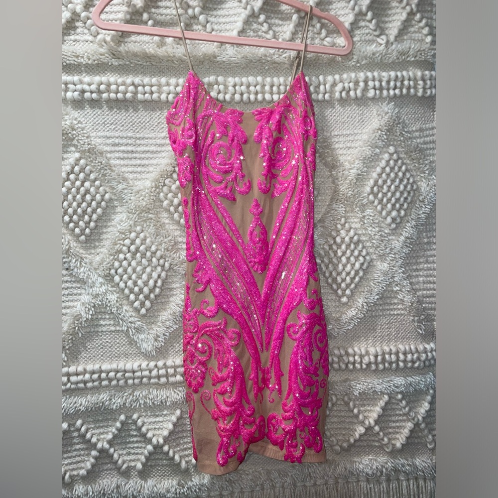 Lucy in the Sky Small Pink and Tan/Beige Sequin Bodycon Mini Dress
